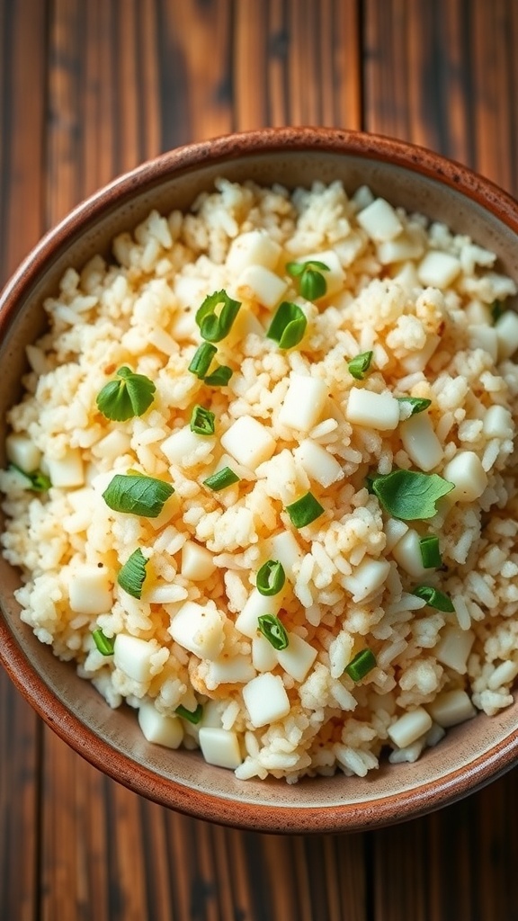 A bowl of jasmine rice and quinoa garnished with herbs on a wooden table.